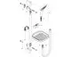 Montageanleitung für ein Hansgrohe-Duschset mit verschiedenen Bauteilen, darunter Brause, Halterung, Seifenschale und Verbindungsstücke, dargestellt in schematischer Form.